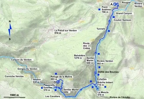Carte du sentier Blanc-Martel dans les Gorges du Verdon avec les étapes clés Carte du sentier Blanc-Martel dans les Gorges du Verdon avec les étapes clés