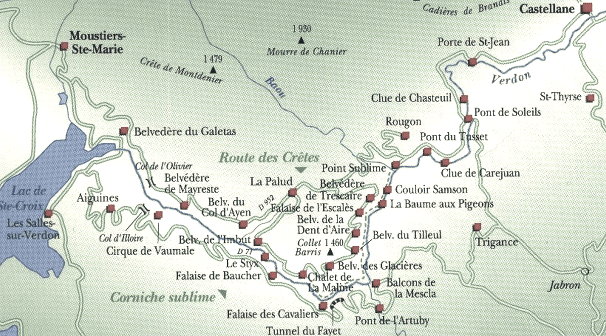 carte des gorges du verdin avec la plupart des points de vue