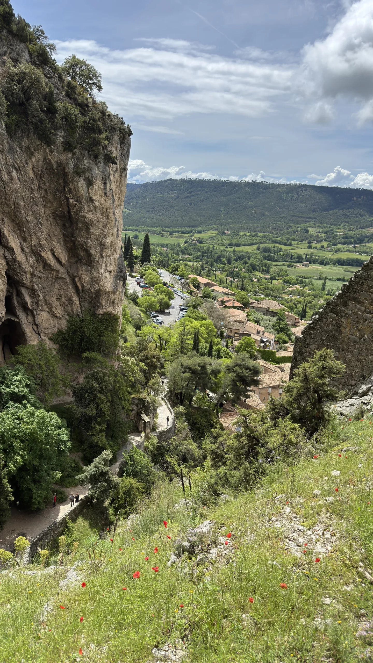 Coquelicots et falaises calcaires au-dessus du village de Moustiers-Sainte-Marie sur le sentier du Ravin de Notre-Dame
